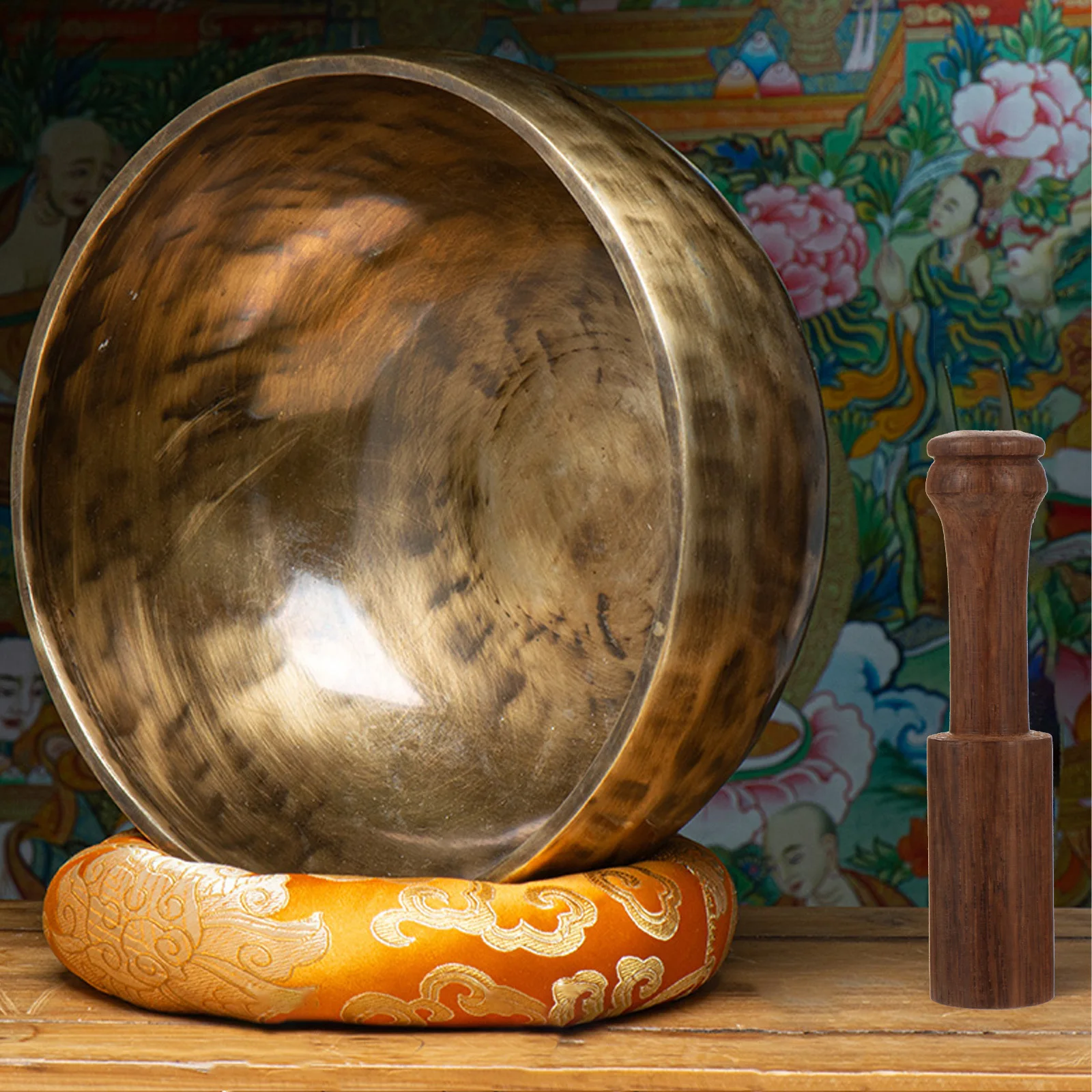 

Buddha Singing Bowl Parts Durable Practical Use Beautiful Retro Color Clear Sweet Sound Relaxing Wooden Mallet Therapy Fittings