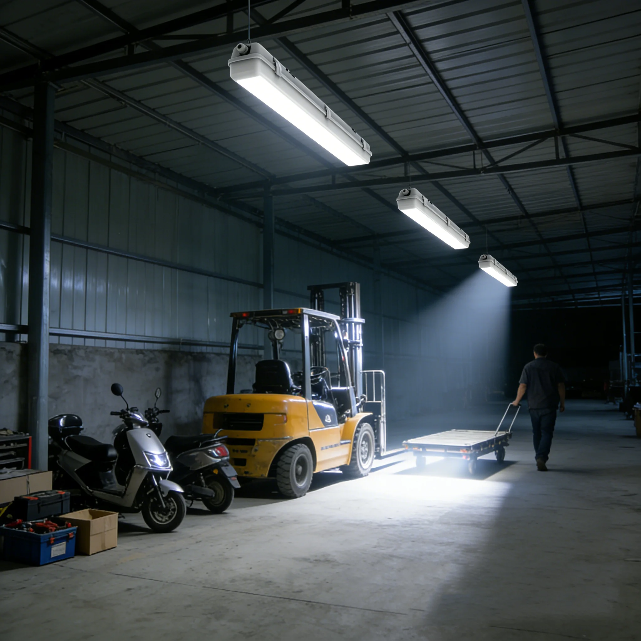 

2FT Tri-Level Motion Sensor LED Waterproof Emergency Outdoor Light, Battery Backup, IP65 2500lm 5000K, Dimmable for Carport FCC