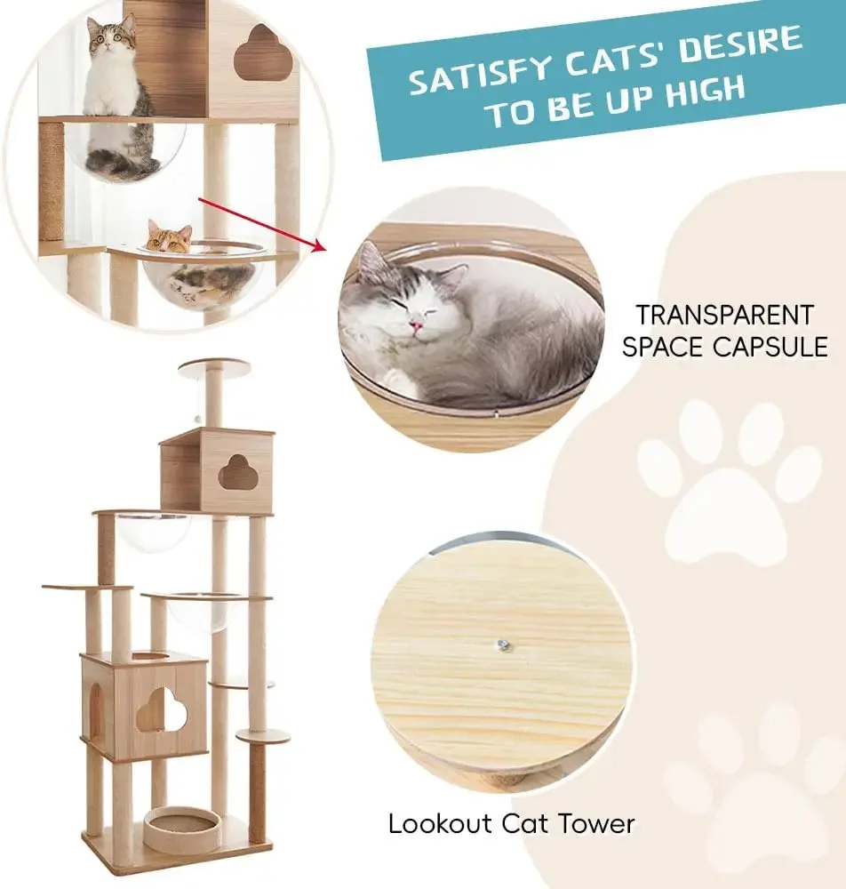 Wooden Cat Tree,70-Inch Modern Cat Tower For Indoor Cats, Wooden Cat House With 2 Caves,Toys,cat Condo,Cat Jumping Platform|