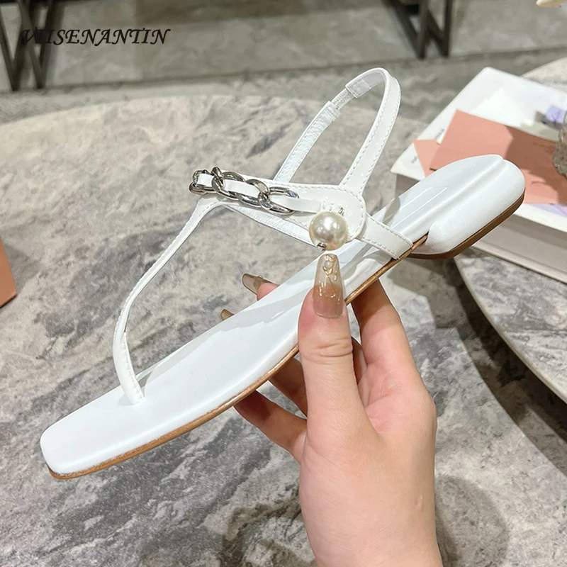 

Summer Square Toe Clip Toe Sandals Women Chain Decor Ankle Strap Genuine Leather Flip Flops Simple Style Casual Shoes All Match