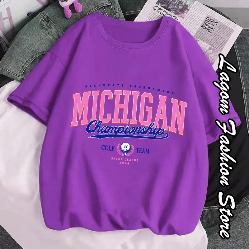 Summer Women Michigan T-Shirt American Vintage O-Neck Cotton Clothing Fashion Letter Printing Tops Tees Ladies Casual Streetwear