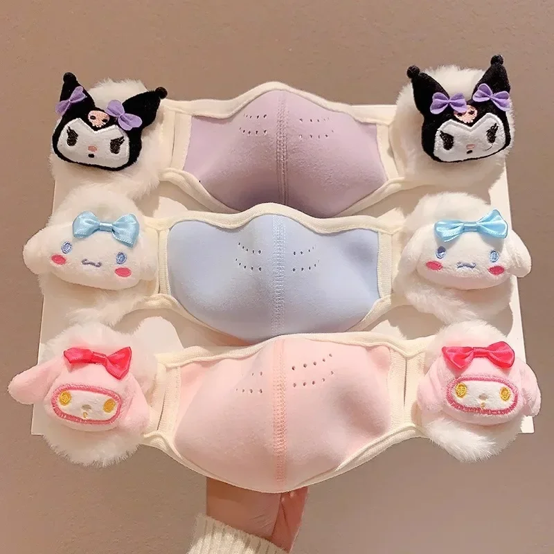 2024 new Cute Cotton Filled Kuromi Children Warm Mask with Ear Muffs Girls Cold Proof Protection and Plush Holiday Gift Fashion