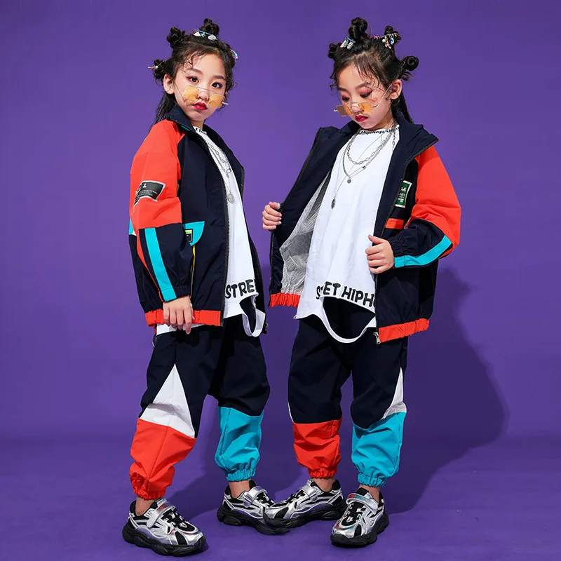 Kid Kpop Hip Hop Clothing Color Block Zip up Windbreaker Jacket Casual Jogger Pants for Girl Boy Jazz Dance Costume Clothes Set