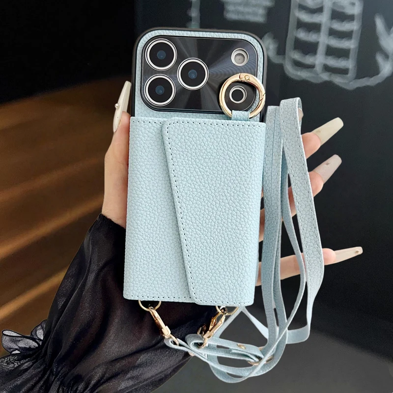 Crossbody-Geldbörsen-Handyhülle mit Make-up-Spiegel für iPhone 17 18 Pro Max 16 Pro 15 14 13 12, trendige Lederhülle mit Kartenfach und Lanyard – Detail 15