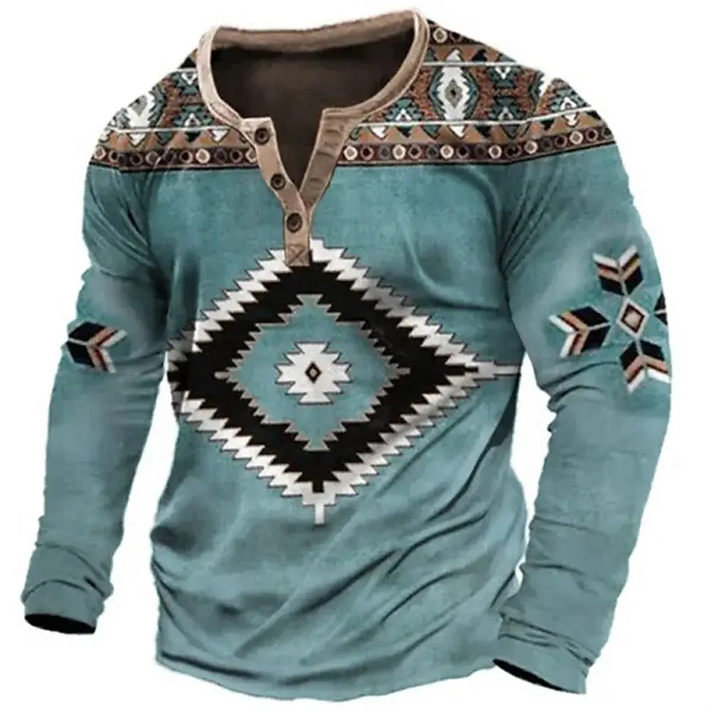 Ethnic Style 3D Print Henley Shirts Men's Fashion Streetwear Vintage Button-Down Long Sleeve T Shirt Man Male Tees Tops Clothing