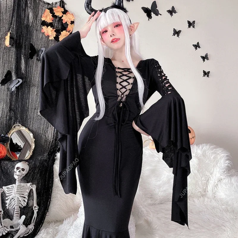 

Halloween Black Dress Gothic Aesthetic Fluffy Sleeves High Waisted Medieval Party Gothic Costume Dress Women Performance Outfit