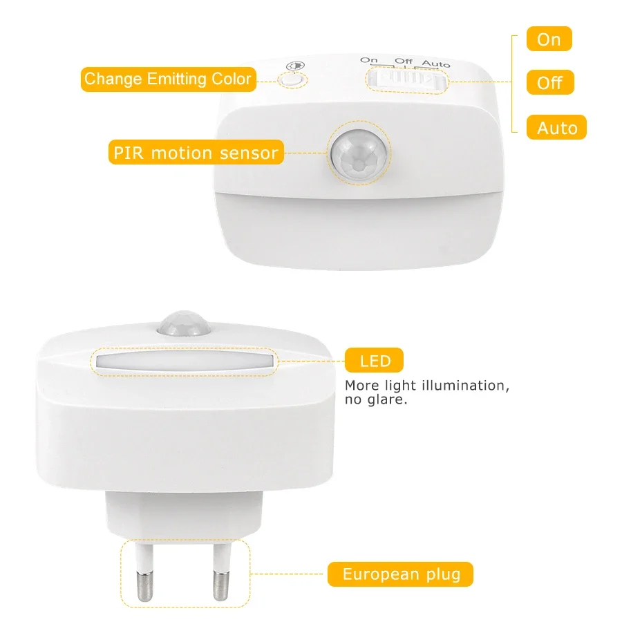 Mini LED Night Light com Sensor de Movimento Inteligente, Tomada UE, Lâmpada de parede para Casa, Corredor, WC, Corredor, Escada, Quarto, 220V