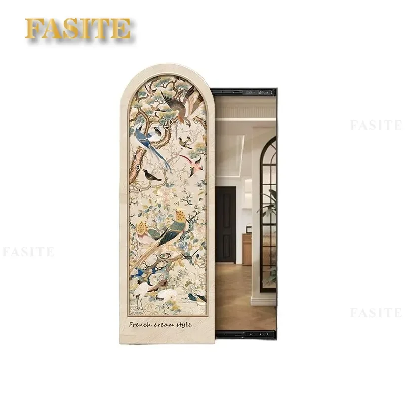 For French Retro Hidden Full Length Mirror Wall Art Push Pull Bird Painting Mural Decorative Furniture for Porch Living Room