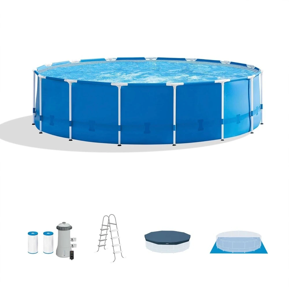 

15 Foot by 48 Inch Round Metal Frame Above Ground Swimming Pool Set for Outdoor Use with Filter Pump, Ladder, Customized