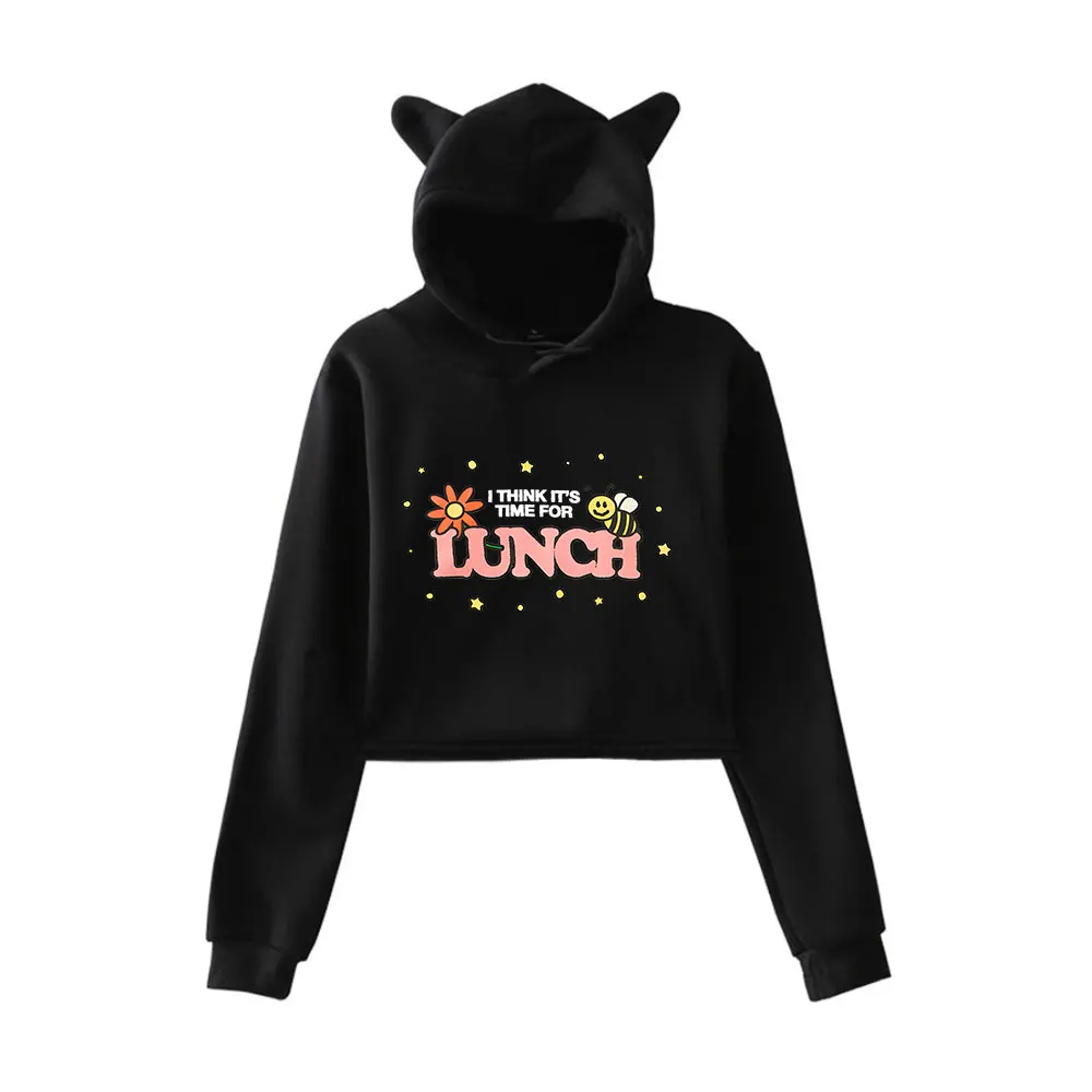 Sudadera con capucha de orejas de gato para mujer, sudaderas recortadas de manga larga, ropa de calle informal, Tops cortos, Chie Ko I Think It's Time For Lunch