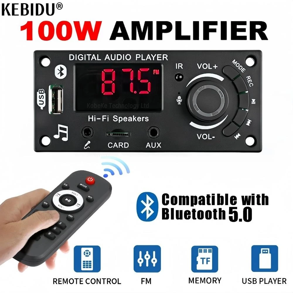 100W Amplifier Bluetooth 5.0 DIY MP3 WAV Decoder Board DC 12V 50W Wireless Car USB MP3 Player TF Card Slot USB FM with 3.5mm Mic