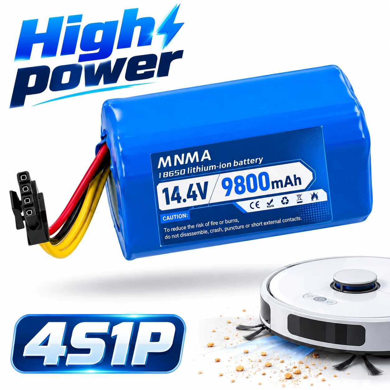 4S1P 14.4V 9.8Ah Li-ion Battery Pack for Robot Vacuum, Built-in BMS Over-charge Protection, 9800mAh Replacement, 2000+ Cycles