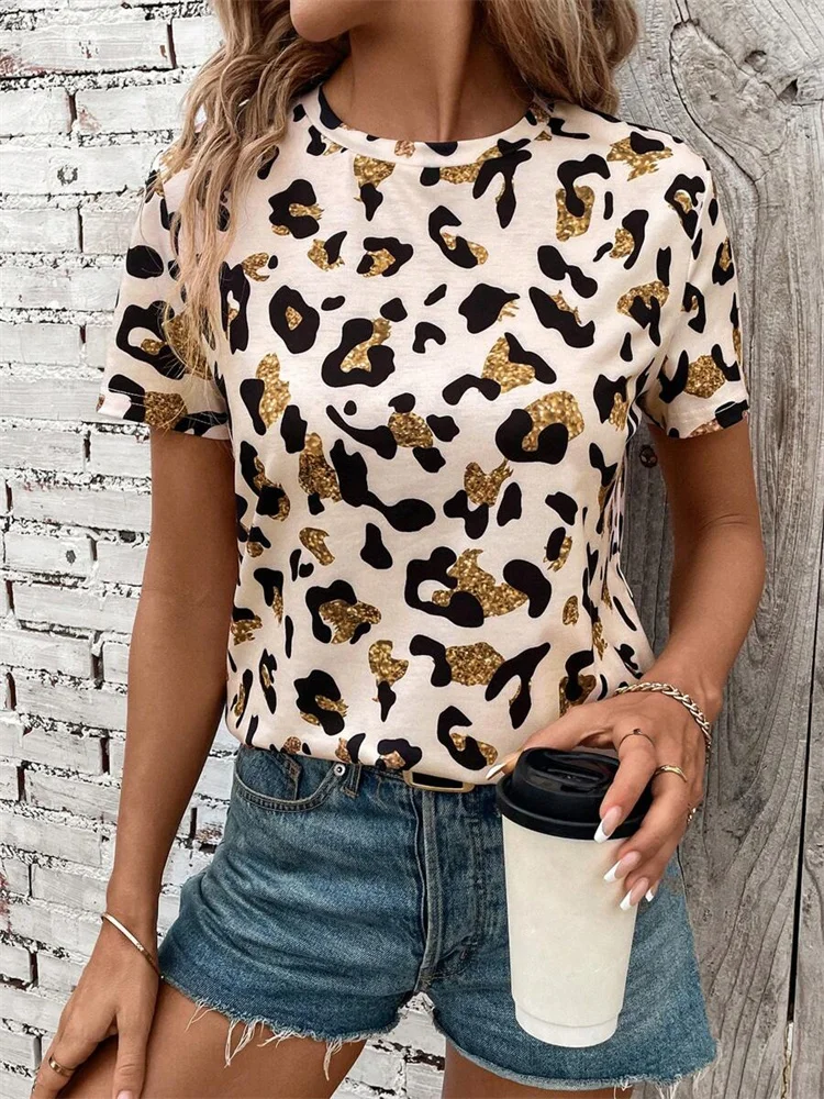 Women's T-shirt O-neck Glitter Leopard Print Short Sleeve Modern Chic Daily Streetwear Summer Women Clothing