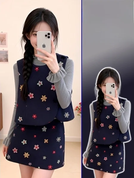

plus Size Women's Faionable Retro Korean Sle Tee-Piece Set Warm Long Sve round Ne Vest High Waist Skirt Base Layer...