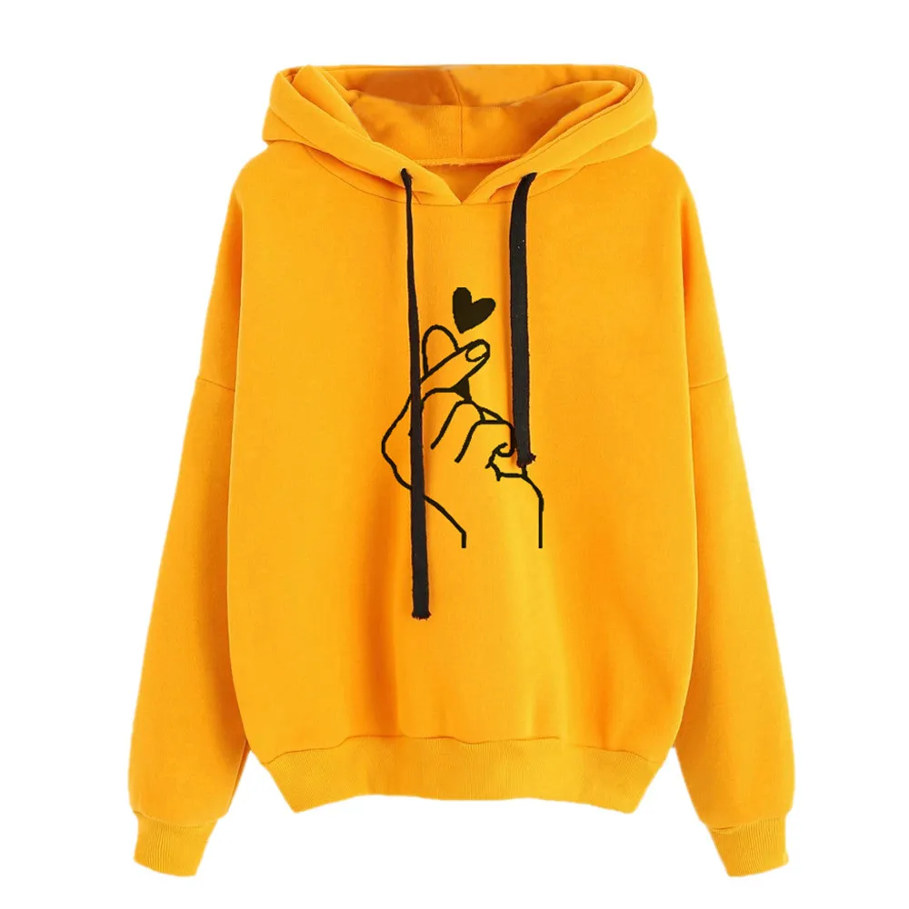 Tops Long Sleeve Heart Print Hoodie Blouse Women Jumper Hooded Pullover Women\'S Casual Drawstring Sweatshirt Female Clothing