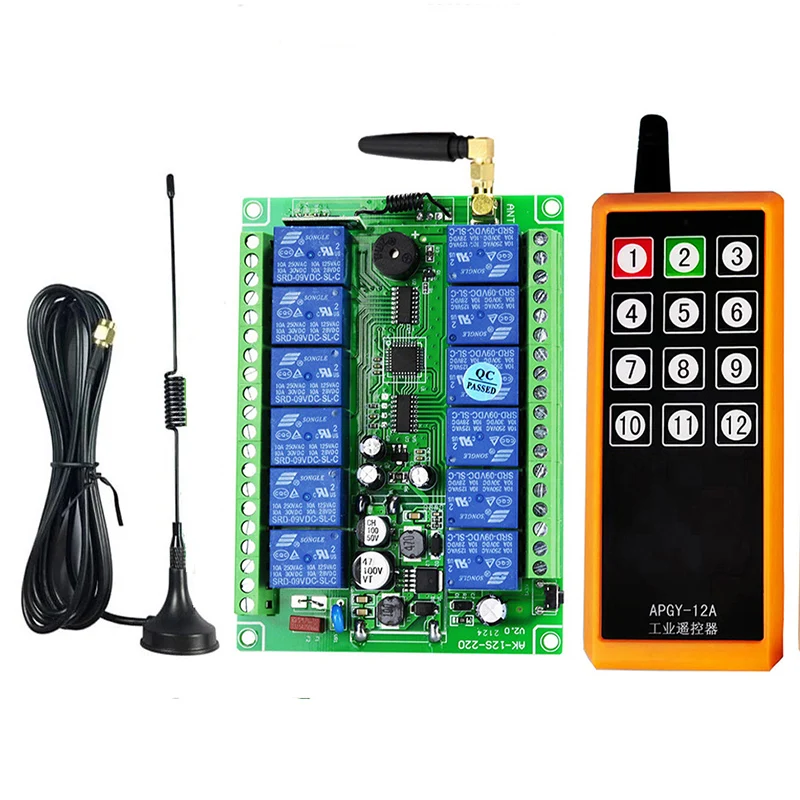 433MHZ 2000M Industrial DC 12V 24V 36V 48V 12CH RF Wireless Remote Control OverheadTravelling Crane System Receiver Digital Key