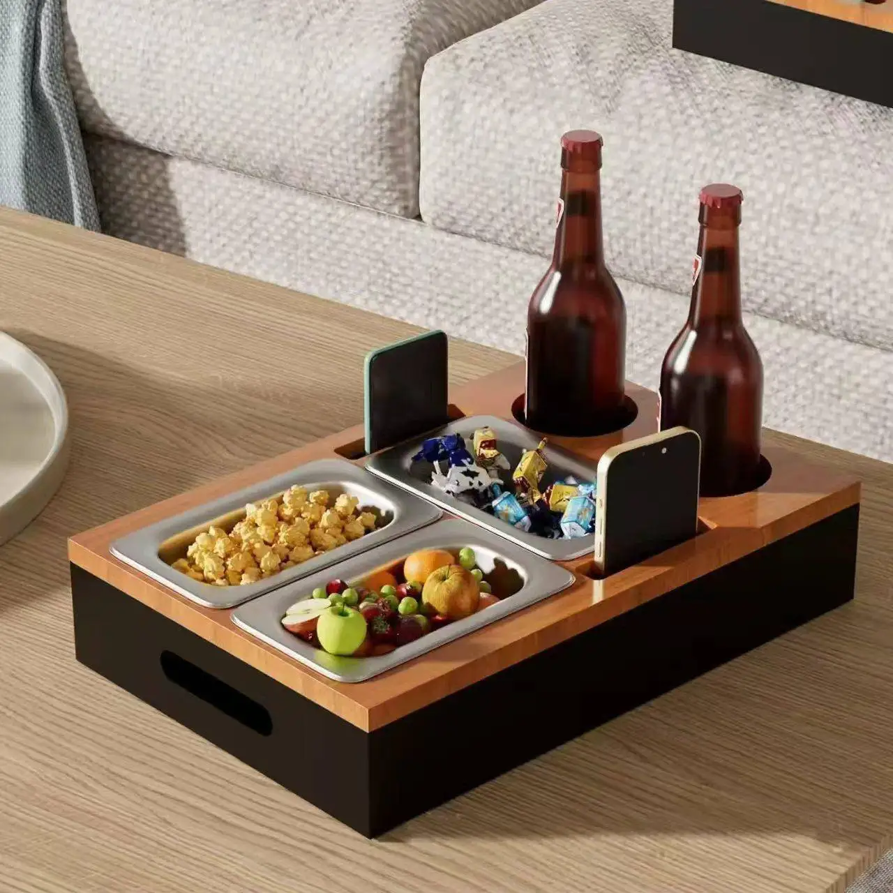 取り外し可能な木製デスクトップスナック・飲料収納ボックス、リビングルームリモコン・携帯電話オーガナイザーボックス、多格子木製ボックス