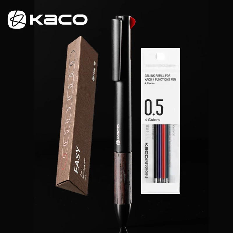 KACO NEW Easy 3in1 Wood Multi-Function Ballpoint Pen,Metal Black&Red&Mechanical Pen For Exam,Homework,Office Use,Smooth Writing
