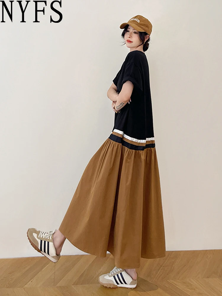 

NYFS 2024 Summer New Korea Woman Dress Vestidos Robe Elbise Loose Plus Size Short Sleeve Patchwork Long Dress