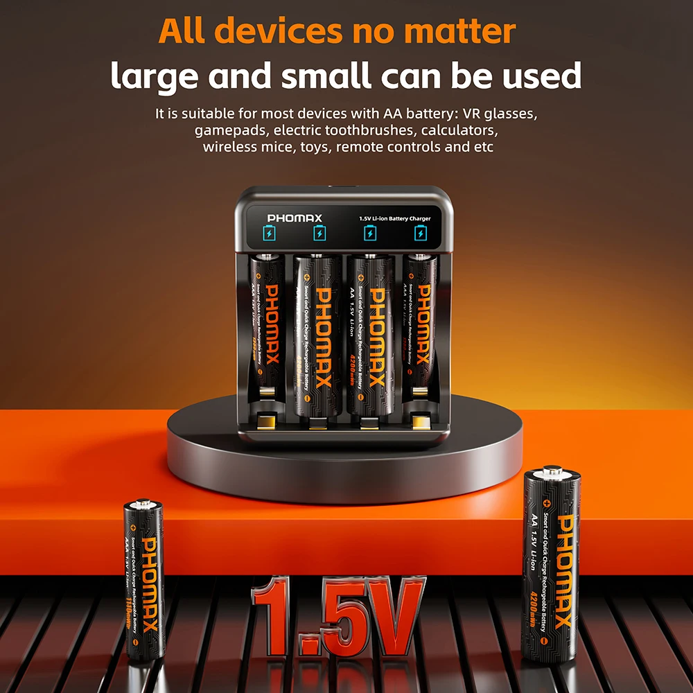 

PHOMAX Rechargeable Lithium-ion Battery 1.5V 4200mWh 1100mWh Charger For Computer Clock Radio Video Game Digital Camera AA AAA