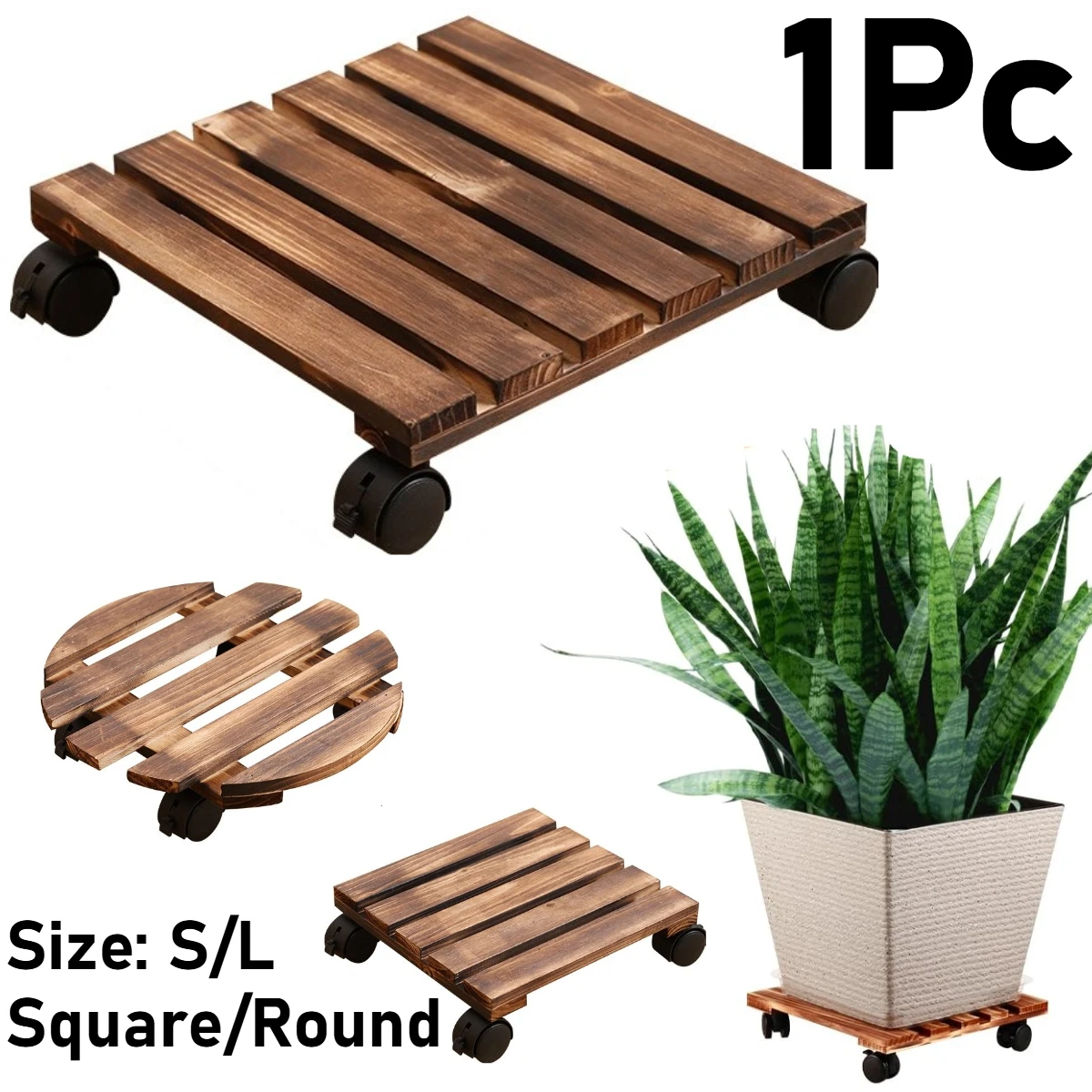 Wooden Plant Caddy with Wheels Square Plant Stand with 360 Rotating Wheels Holds Up To 40kg Indoor and Outdoor Use
