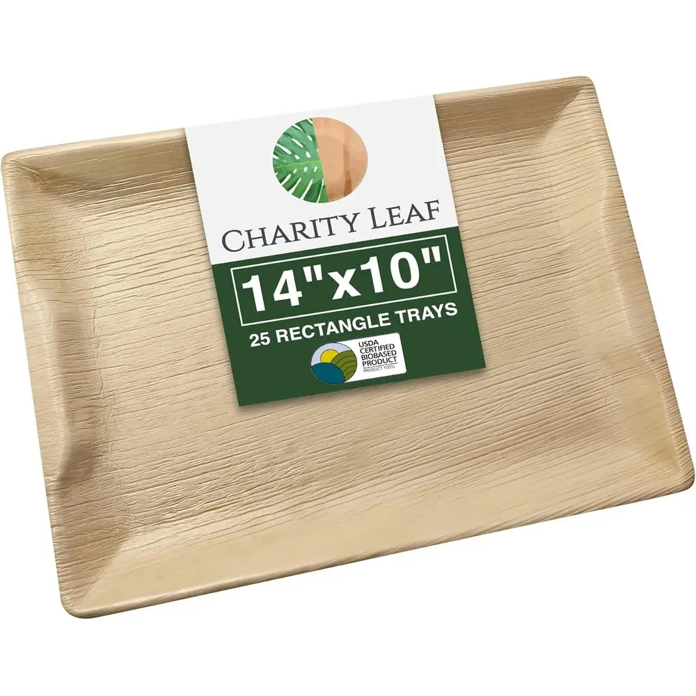 

14 x 10 Bamboo-Style Disposable Palm Leaf Trays - 25 Pack, Eco-Friendly Dinnerware for Weddings and Events