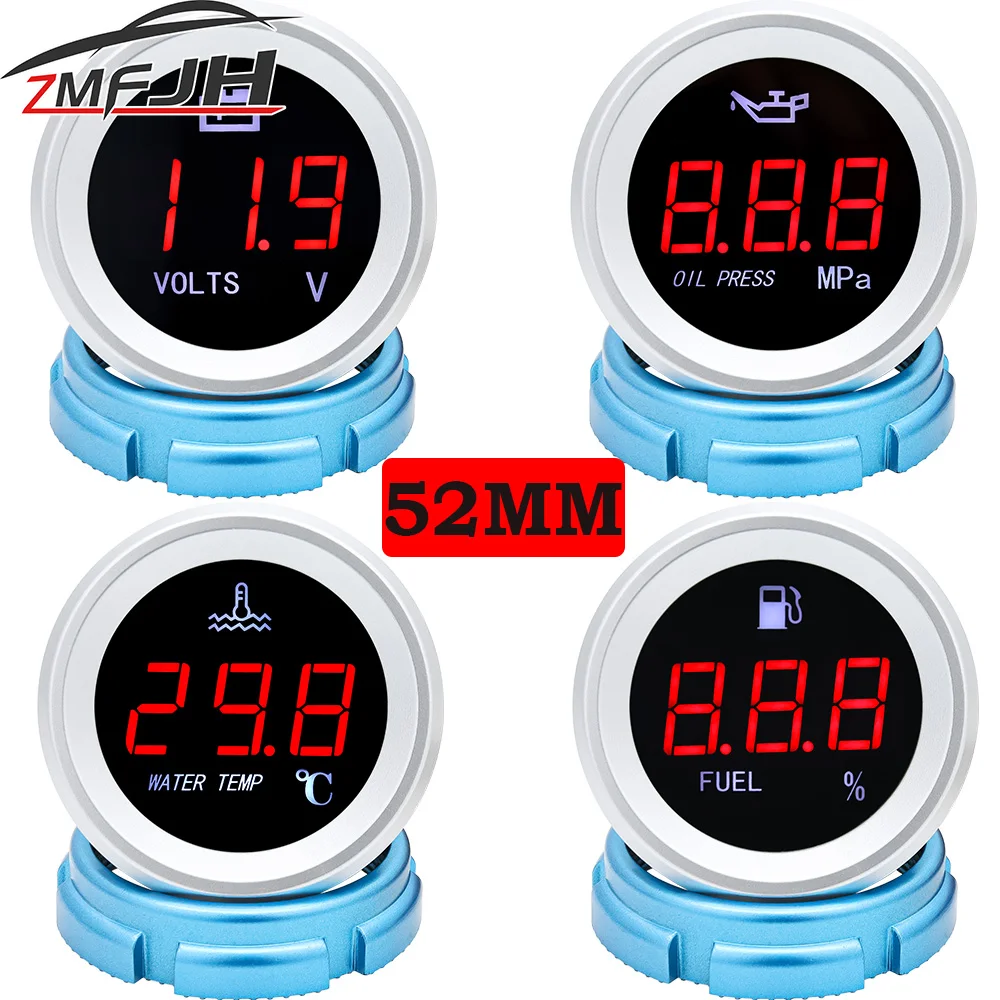 A 52mm Water Temperature Gauge Car Digital Meter LED Display Fuel Level Gauge Voltmeter Oil Pressure Gauge with Alarm Function