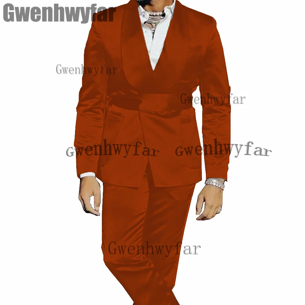 Gwenhwyfar High Quality Men\'s 2 Piece Suit Satin Wedding Tuxedo Party Dress Slim Fit Fashion Banquet Jacket Sets (Blazer+Pants)