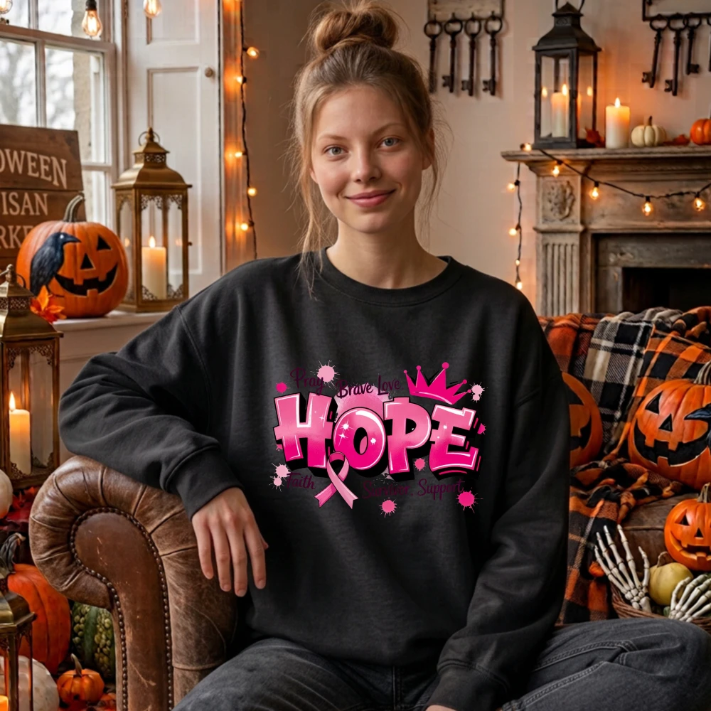 Breast Cancer Awareness Hope Pink Ribbon Graphic Sweatshirt Women Fall Halloween Survivor Support Crewneck Pullover Tops