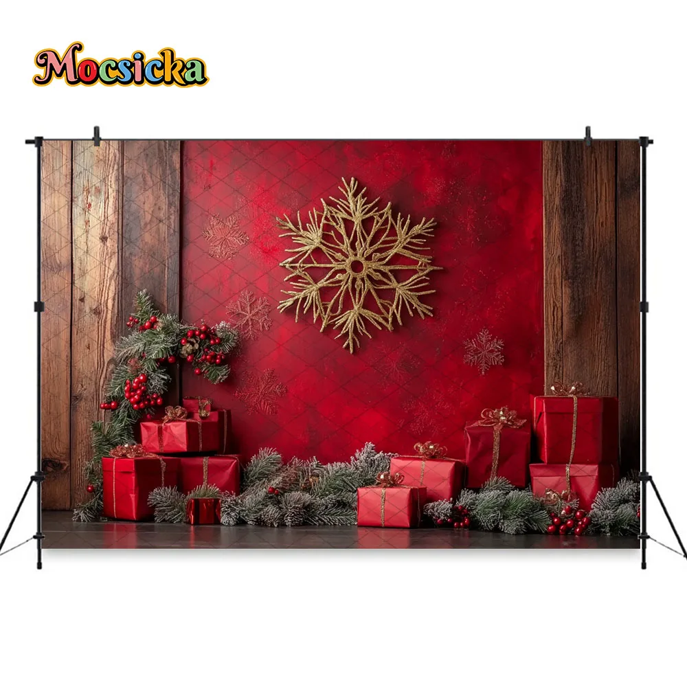 Mocsicka Red Christmas Wall Background Photography Golden Snowflake Wreath Xmas Gift Backdrop Winter Kids Family Photo Studio