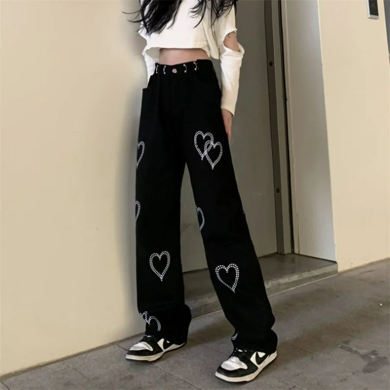 Streetwear Fashion Women Black Wide Leg Jeans Spring Autumn Korean Casual Pants Hip Hop Harajuku Caring Loose Straight Trousers