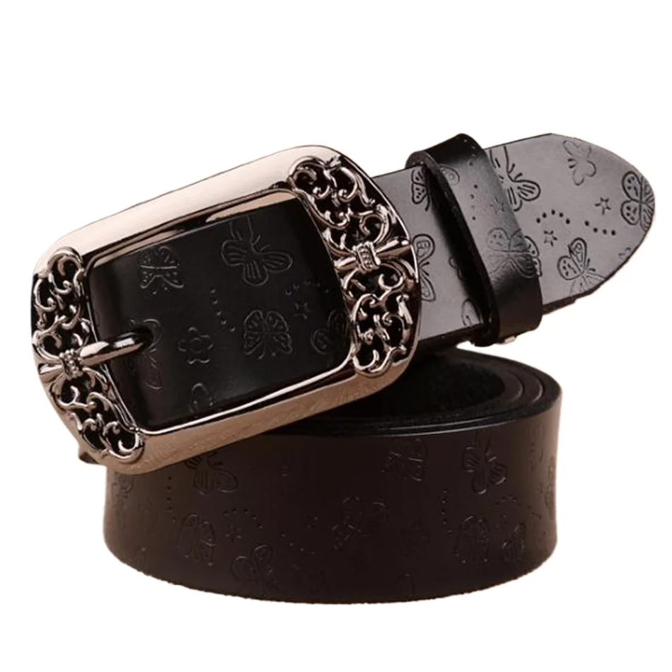 Black Leather Embossed Belts Women Pin Buckle Belt Butterflly Carved Genuine Cow Leather Female Trouser Belt Strap New Design