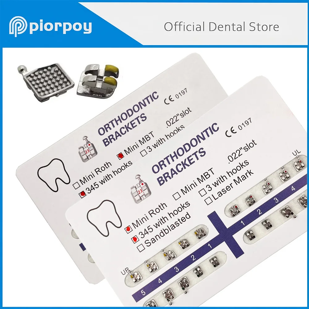 Brackets Dentales PIORPOY, Brackets de Ortodoncia Mini Estándar Roth/MBT 0.022/0.018 con Ganchos 3-4-5, Brackets Monobloque, 20 Piezas/Paquete