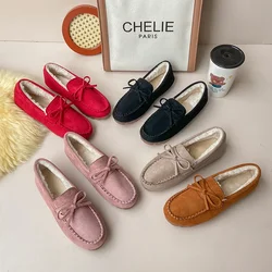 Winter Shoes Women Casual Flat Shoes Women's Moccasins Soft Loafers Fashion Comfort Warm Plush Bow Slip on Female Cotton Shoes