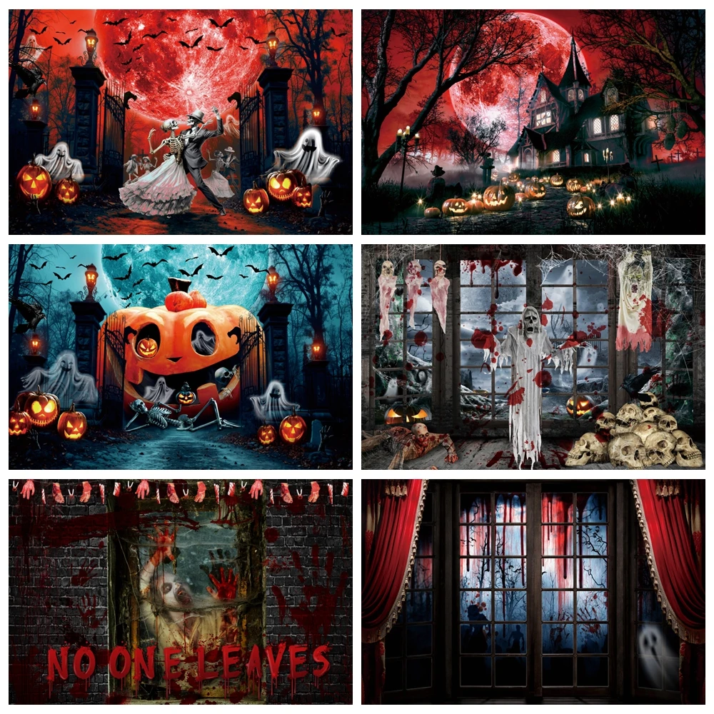 

Skeleton Party Photo Backdrop Halloween Skull Ghost Monster Scary Night Background Pumpkin Curtain Home Decor Photography Prop