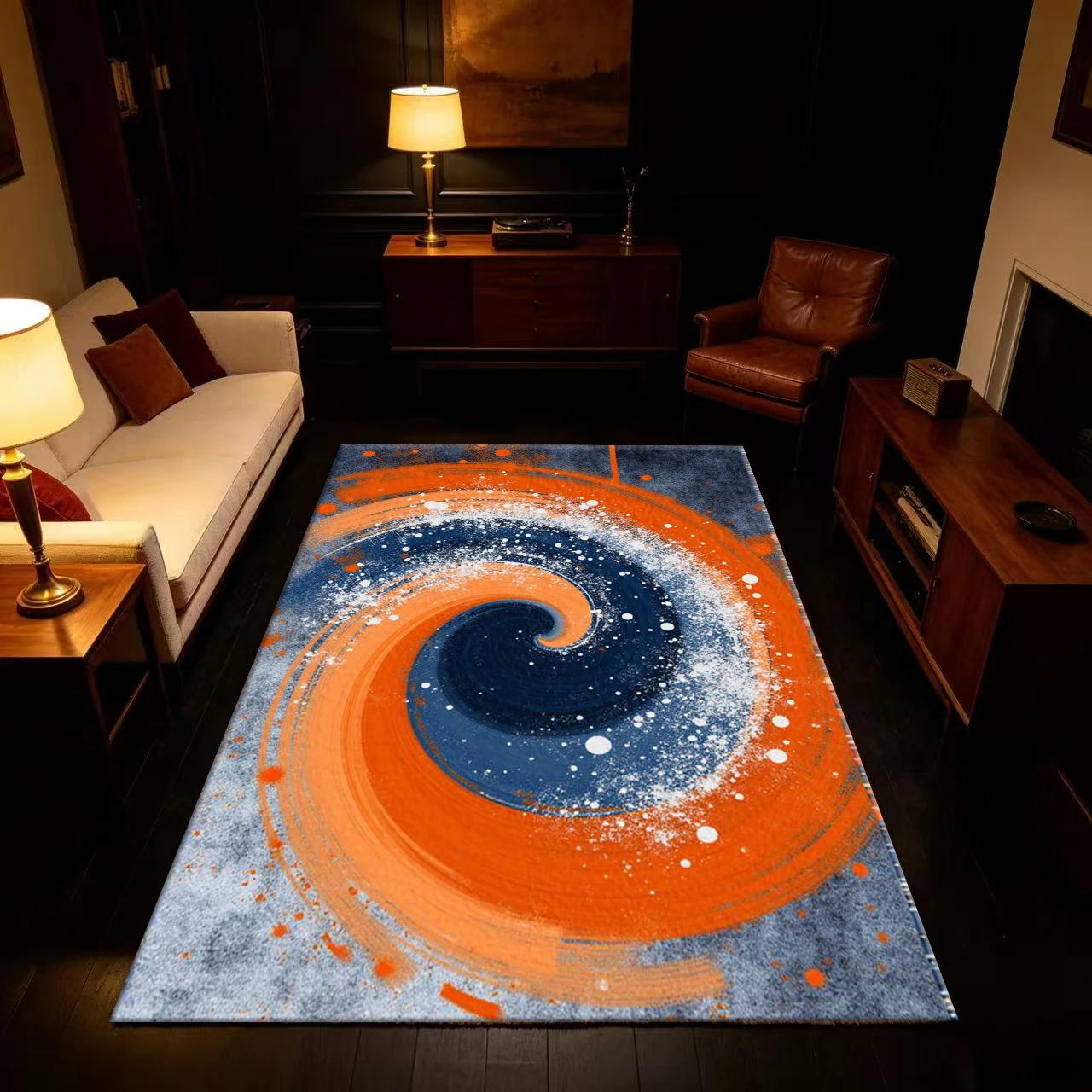 Orange Navy Blue Swirl Paint Splatter Abstract Art Carpet Floor Non-Slip Mat