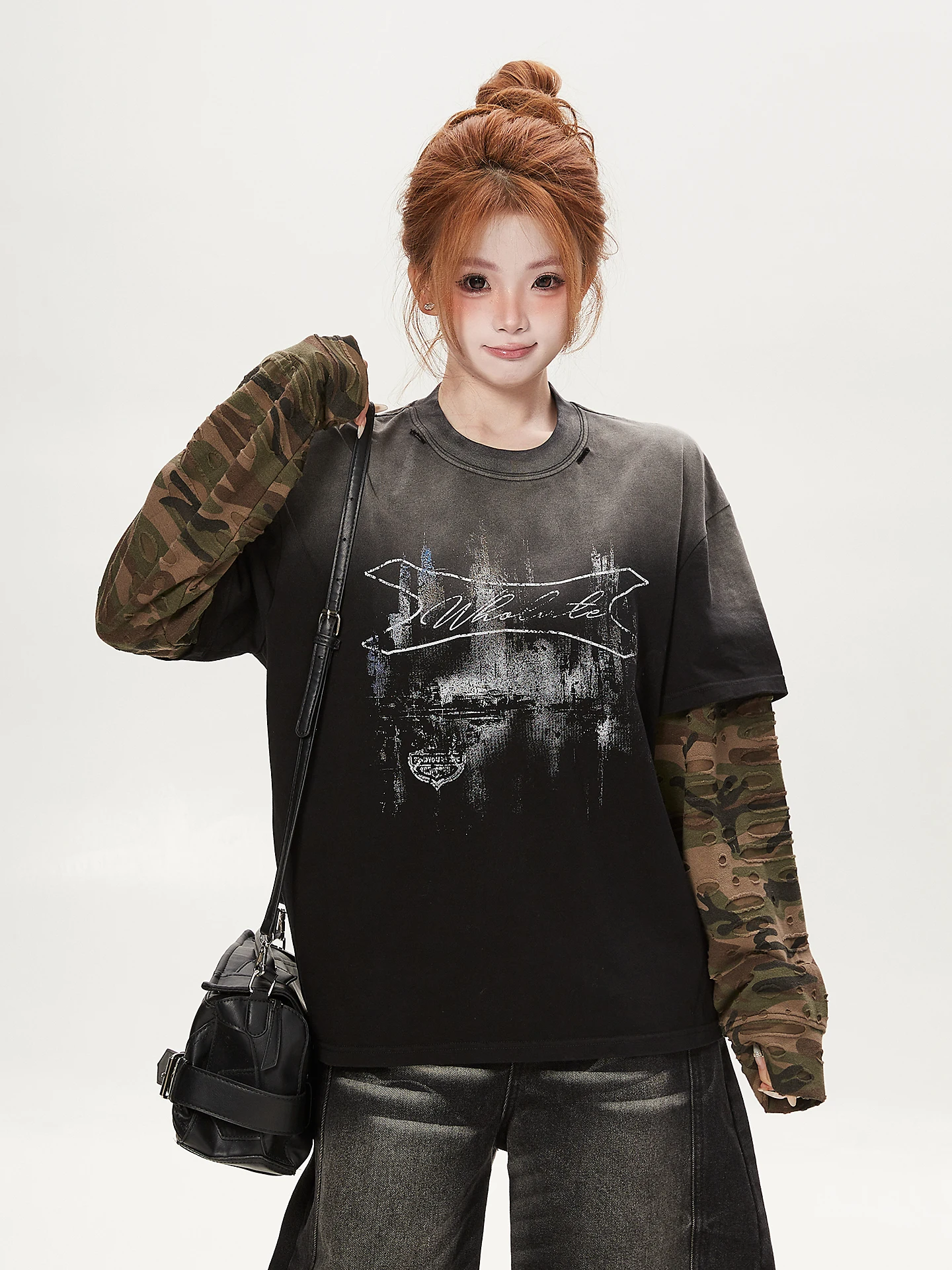 Street Style Camouflage Print Long Sleeve T-Shirt Women's Loose BF Washed Fake Two-Piece Top Ant Pattern Breathable Cotton