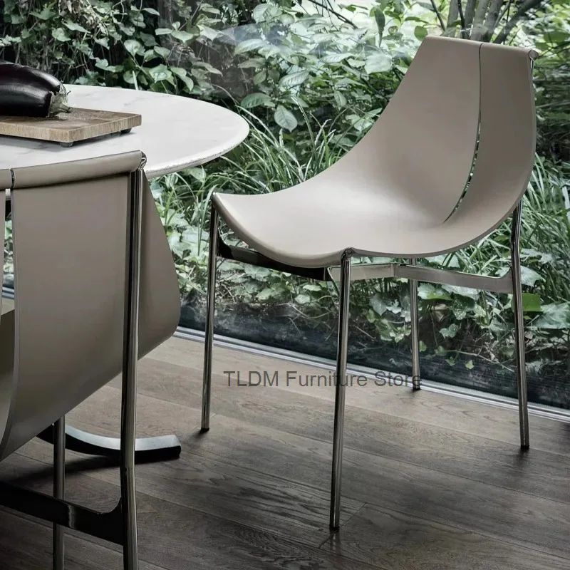 Curved Leather Dining Chair Polished Chrome Metal Frame Minimalist Armless Side Chair for Restaurant Kitchen Home