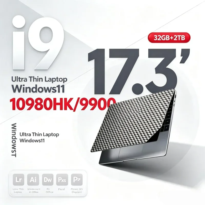 17.3'' HD Large Display Portable Notebook Intel Core I9‑10980HK/9900 32GB RAM 2TB SSD Win11 WiFi6 BT5.2 For Office Daily Working