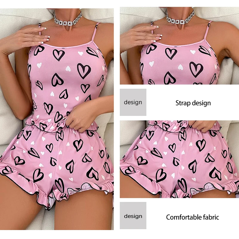 Womens\' Summer Ice Silk Pink Printed Love Pajama Sexy Strap Shorts Home Clothes Set