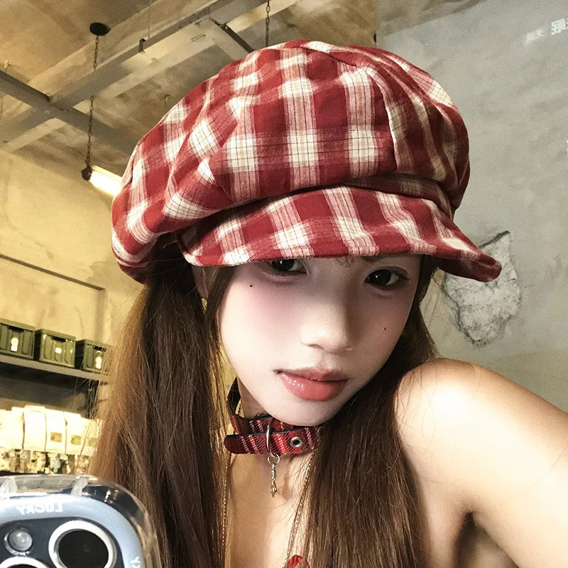 Women Retro Plaid Beret Autumn College Painter Hat Large Head Circumference Face Slimming Small Cloud Octagonal Cap