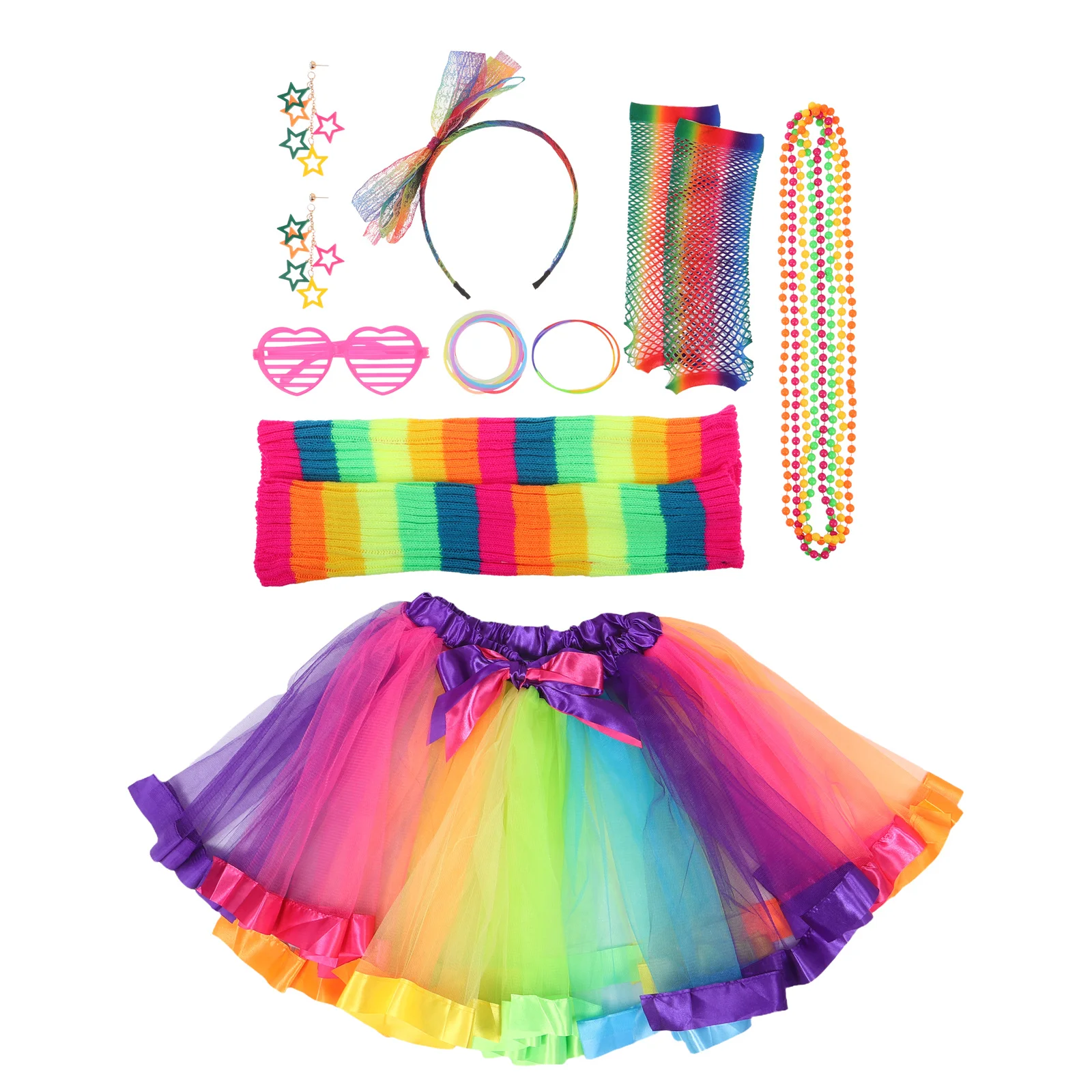 1 セットレインボーネオンコスチュームアクセサリーチュチュスカート網タイツ手袋レッグウォーマーネックレスイヤリング 80 年代レトロ用
