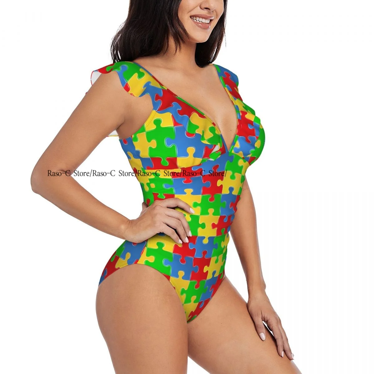 

Swimwear Women One Piece Swimsuit Colorful Puzzle Background Female Swimming Bikinis Push Up Monokini Sexy Ruffle Bathing Suit