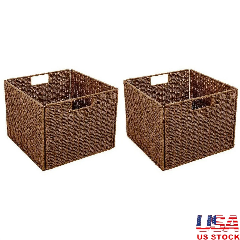 

Set of 2 Wicker Storage Baskets Foldable Paper Rope Iron Frame Home Organization Books Clothes Towels with Handles