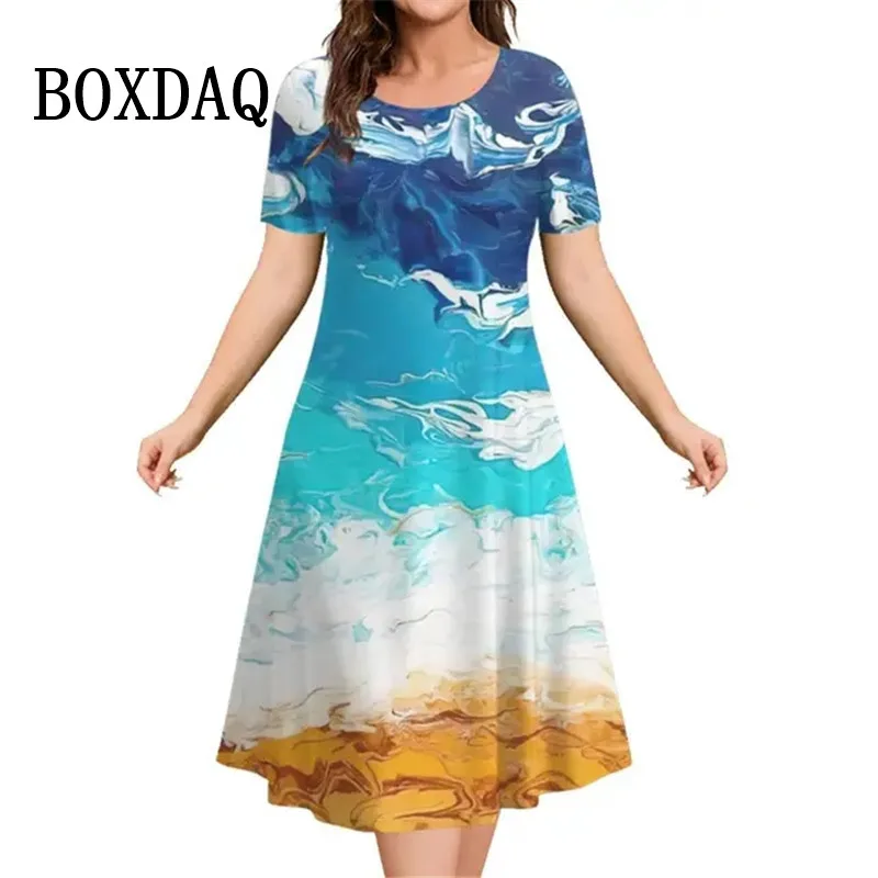 Summer Short Sleeve Women Party Dress Casual Fashion Elegant Ladies Painting Abstract Marble Print Dress Loose Plus Size Clothes