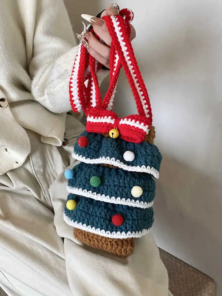 Lindo árbol de Navidad tejido bolso para teléfono móvil para mujer 2025 nueva moda chica bolsos de un solo hombro tipo bandolera bolsos versátiles