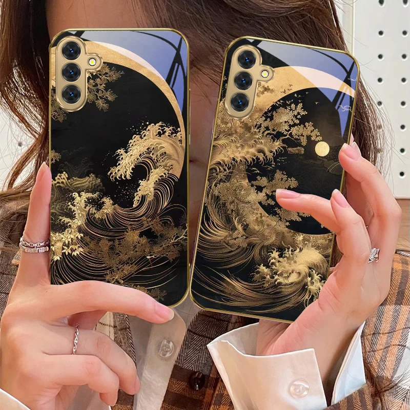

The waves of lines For Samsung Galaxy S20 FE S21 S22 S23 Plus S24 Ultra 25Ultra S21+ S9+ S22Plus Golden glass phone case