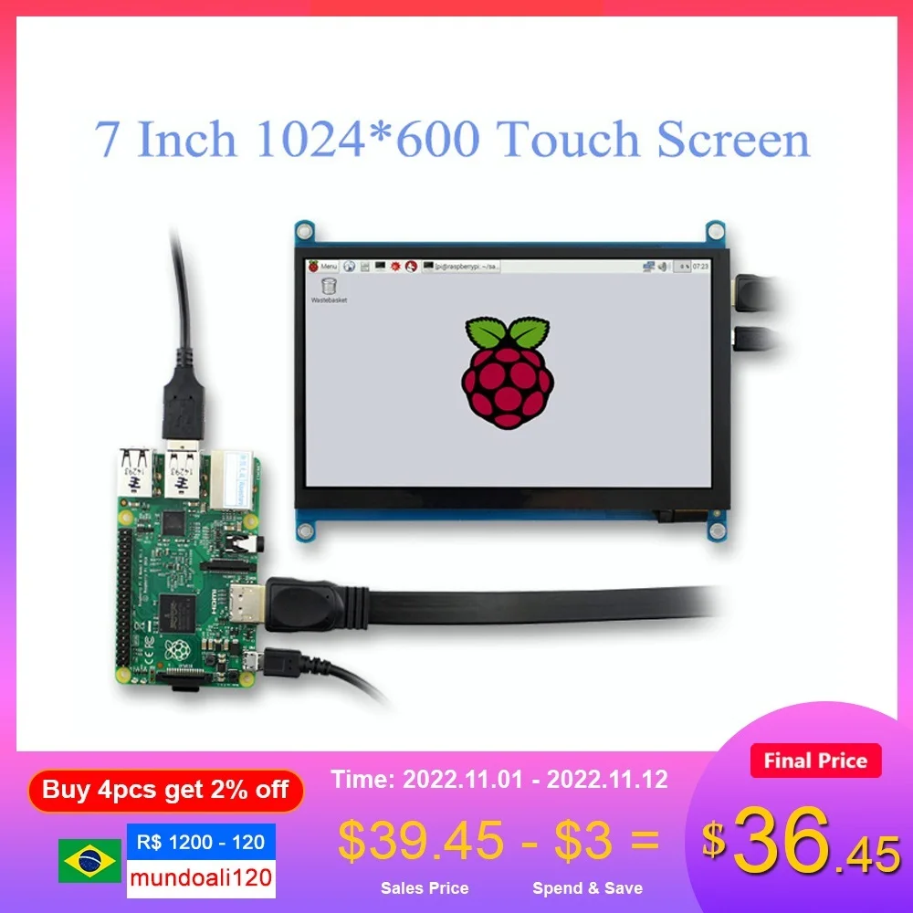 Top Portable 1024x600 Ultra HD Display 7 Inch TFT LCD Touch Screen Panel Mini PC HDMI Monitor USB No Driver Support Raspberry Pi