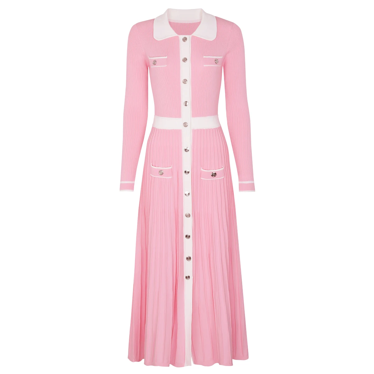 High Quality Autumn And Winter New Fashionable Knitted Collar Slim Fit Color Blocked Pleated Long Sleeved Women's Dress