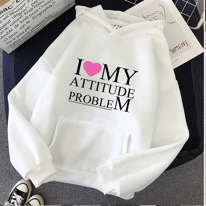 I Love My Attitude Problem Pink Hoodies for Women Kpop Hip Hop Pullover Men Sweatshirt Fashion Graphic Printed Loose Streetwear